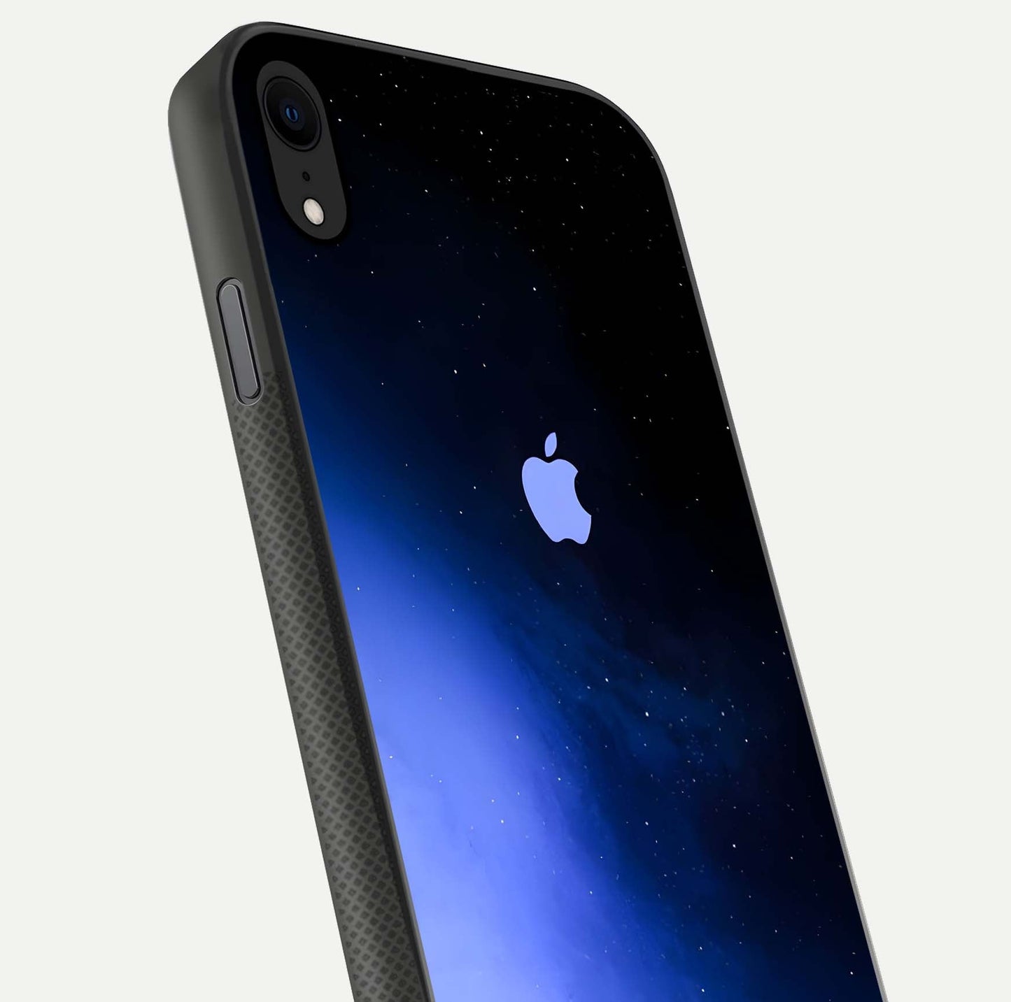 Cosmic Blue Apple Glass Case for iPhone X close-up highlighting galaxy pattern, shine, and reflection detail