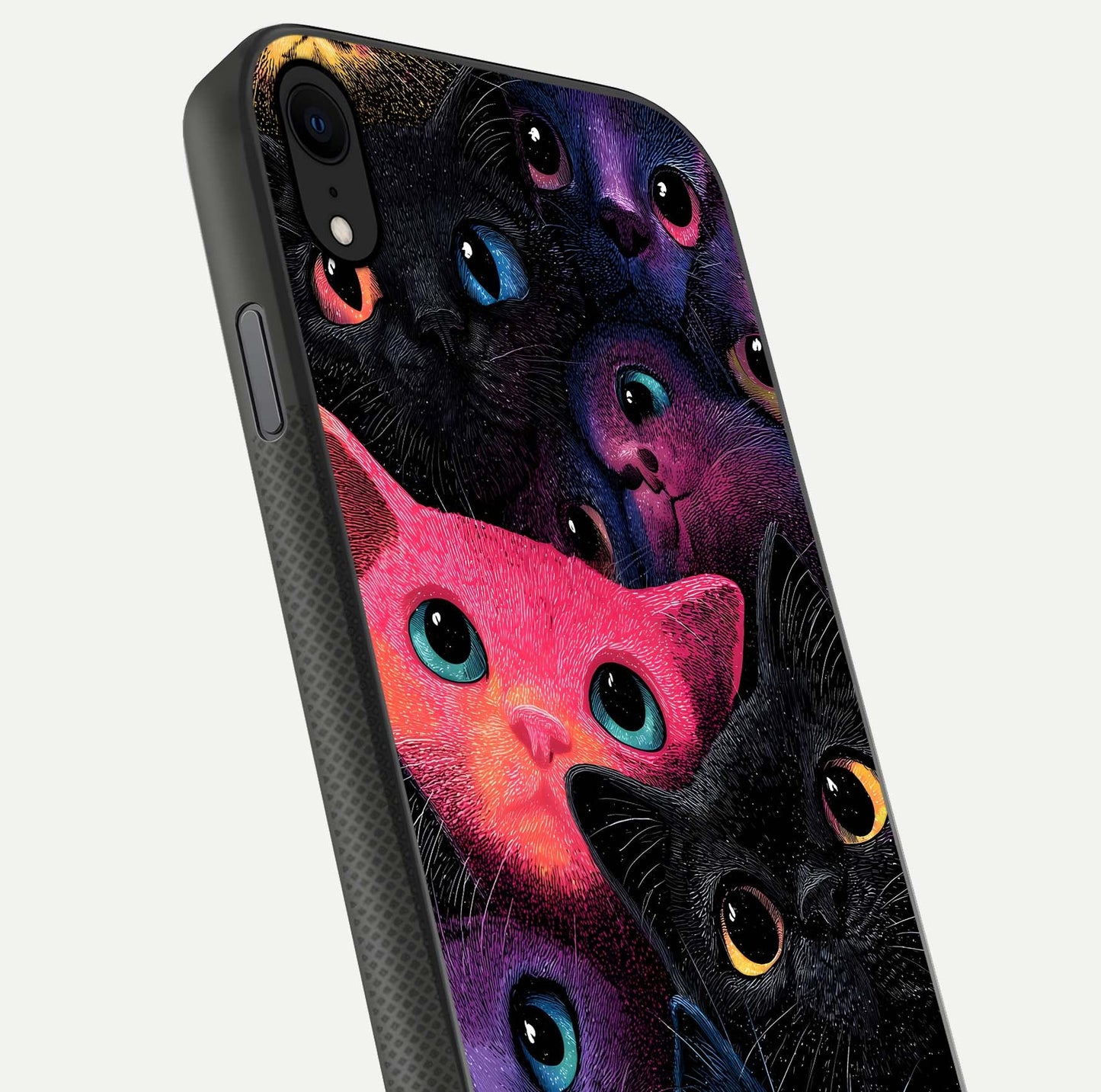 Cosmic Cats Dreams Glass Case for iPhone X close-up highlighting cats and cosmic glow reflection