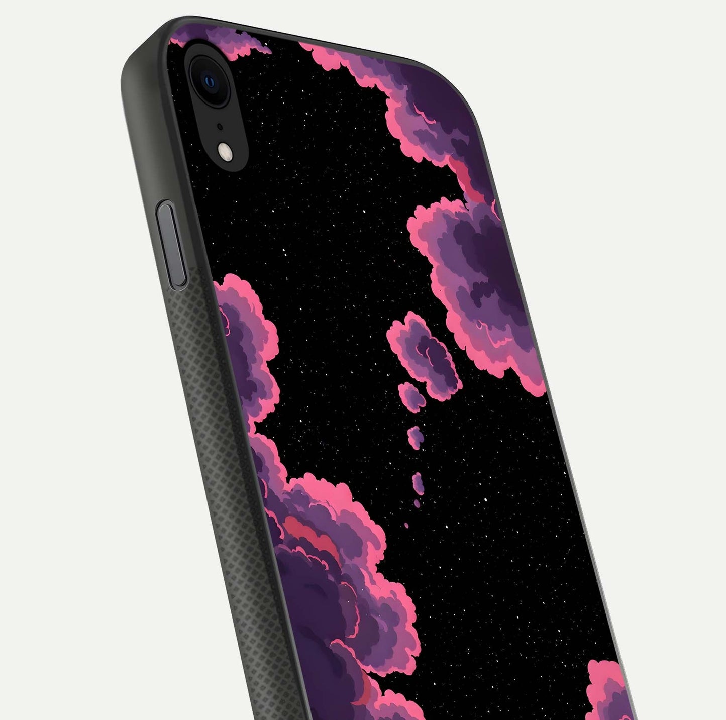 Cosmic Cloud Journey Glass Case for iPhone X close-up highlighting star clusters and reflection texture