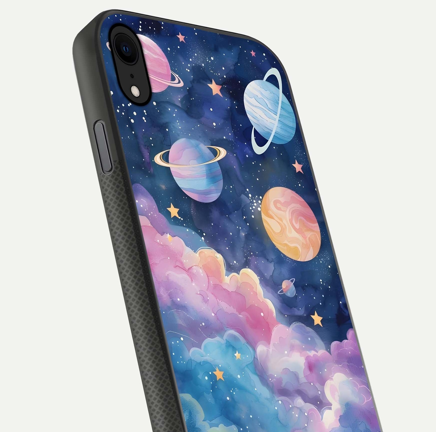 Cosmic Planet Dreams Glass Case for iPhone X close-up highlighting planetary details and reflection glow
