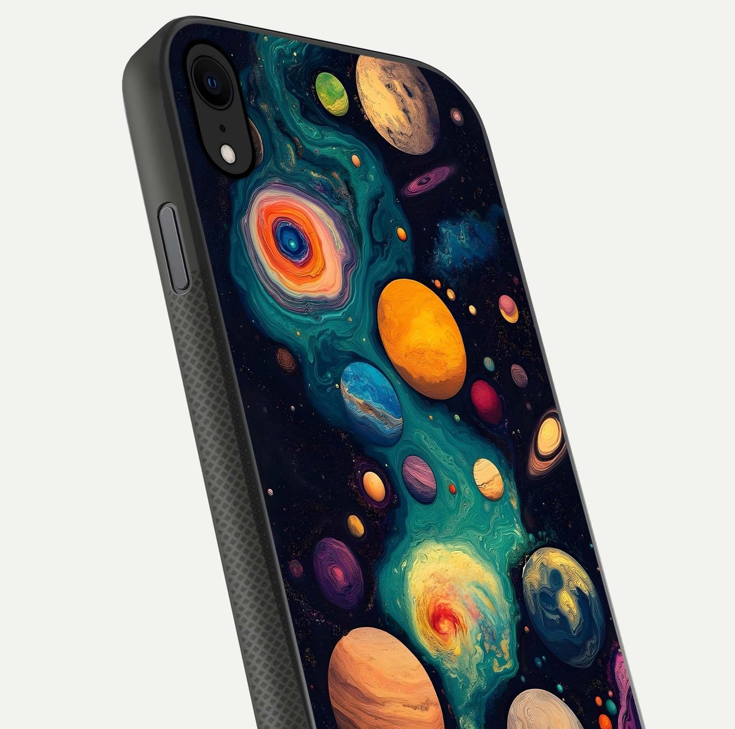 Cosmic Planet Journey Glass Case for iPhone X close-up highlighting planets, stars, and shine reflection