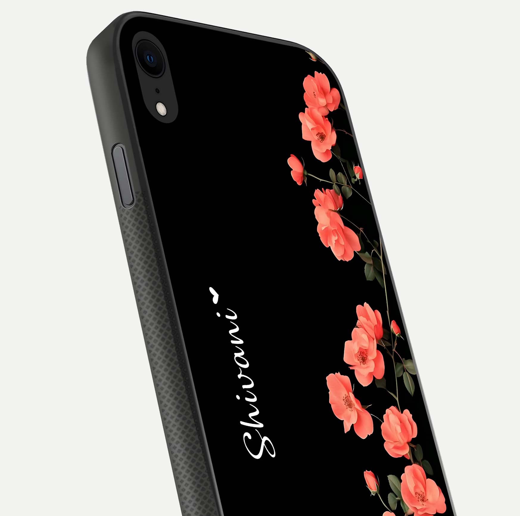 Crimson Bloom Grace Custom Name Glass Case for iPhone X close-up highlighting flower pattern and reflection texture