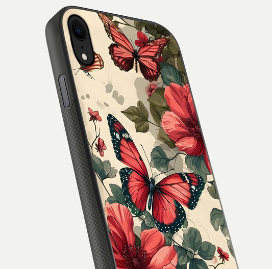 Crimson Butterfly Garden Glass Case for iPhone X close-up showing wing detail and reflection shine