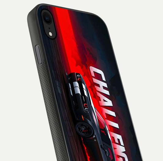 Crimson Challenger Fury Glass Case for iPhone X close-up highlighting car details and reflection depth