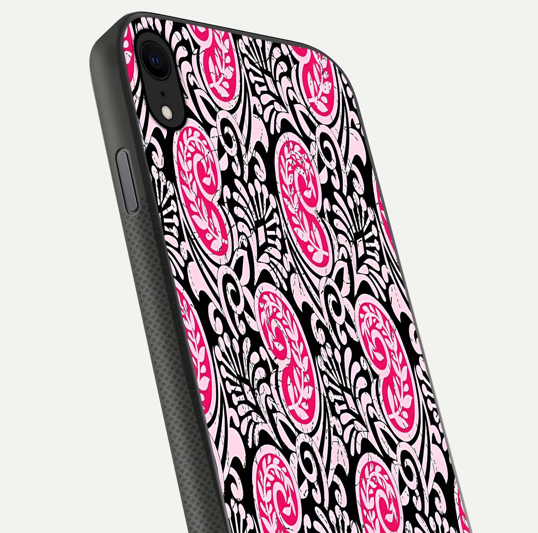 Crimson Paisley Charm Glass Case for iPhone X close-up highlighting fine pattern detail and reflection tone