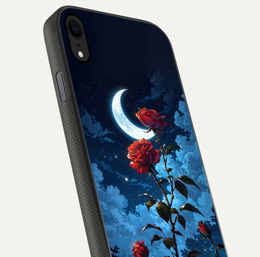 Crimson Rose Moon Glass Case for iPhone X close-up showing rose detail and reflection highlight