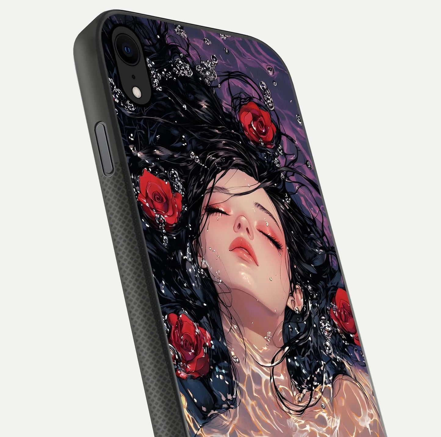 Crimson Rose Serenity Glass Case for iPhone X close-up highlighting rose gradient and reflection detail