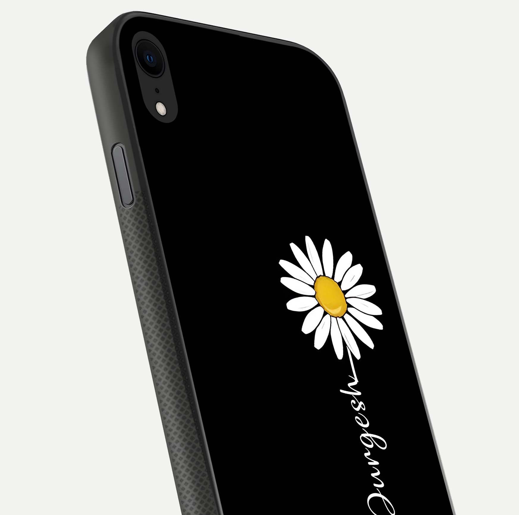 Custom Name White Flower Glass Case for iPhone X close-up highlighting petals, name print, and reflection polish
