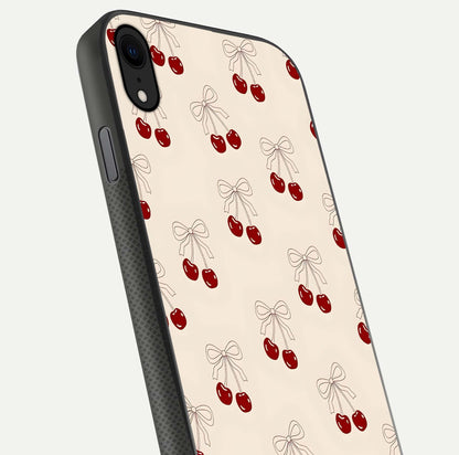 Cute Cherry Pattern Glass Case for iPhone X close-up showing cherry cluster details and light reflection