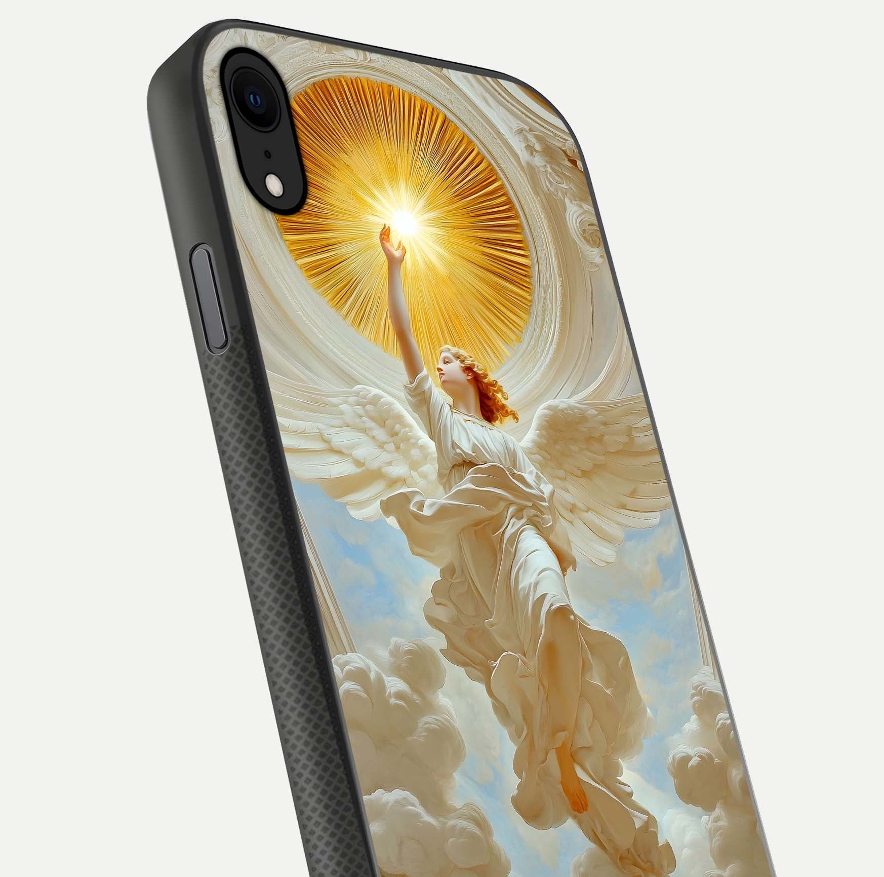 Divine Light Angel Glass Case for iPhone X close-up highlighting light rays and glass reflection
