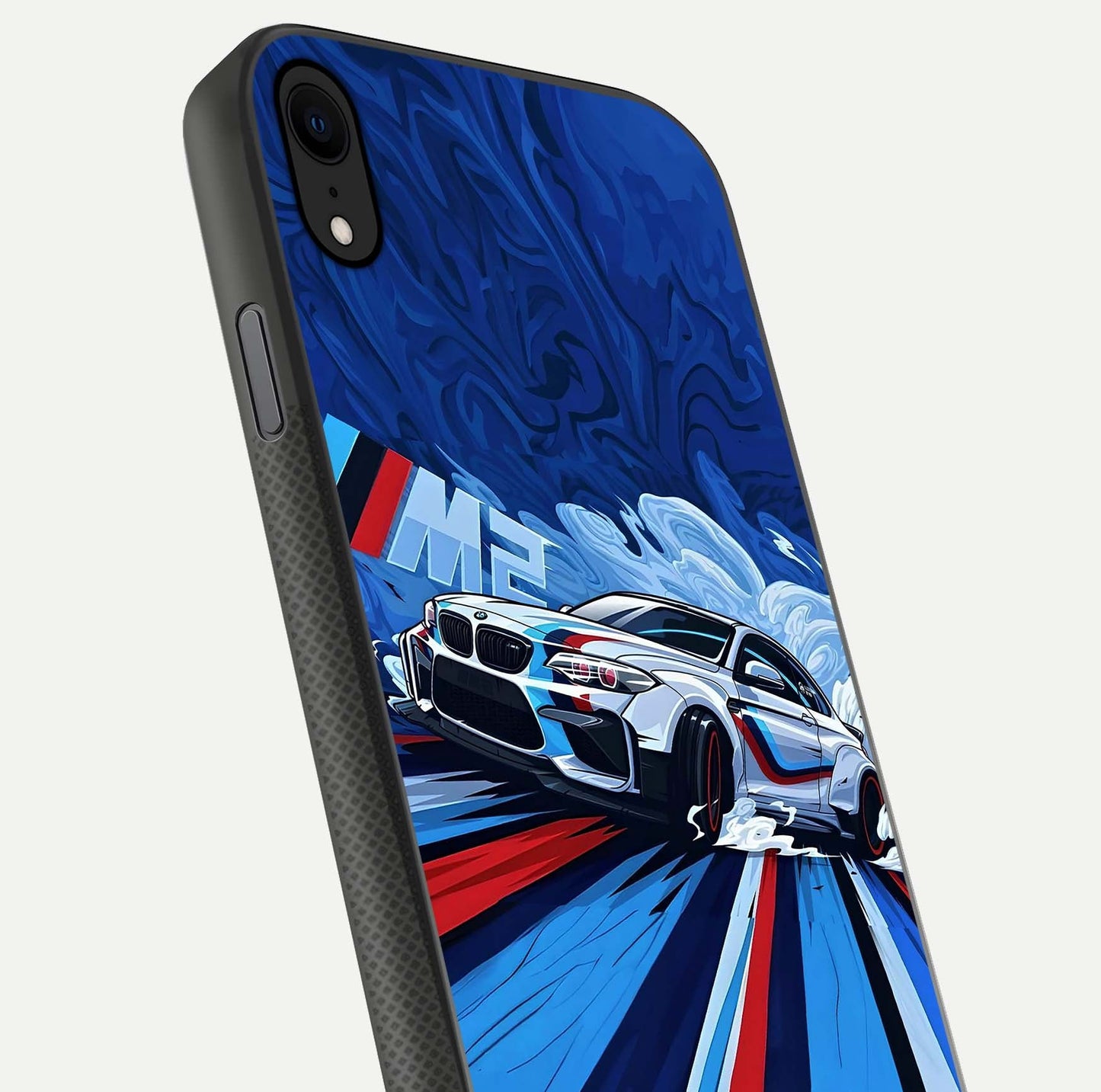 Drift Power Rush Glass Case for iPhone X close-up highlighting car reflection and metallic tones