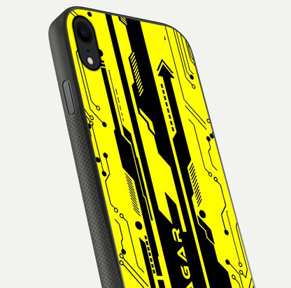 Electric Pulse CYBERPUNK Custom Name Glass Case for iPhone X close-up highlighting tech pattern, lighting effect, and reflection shine