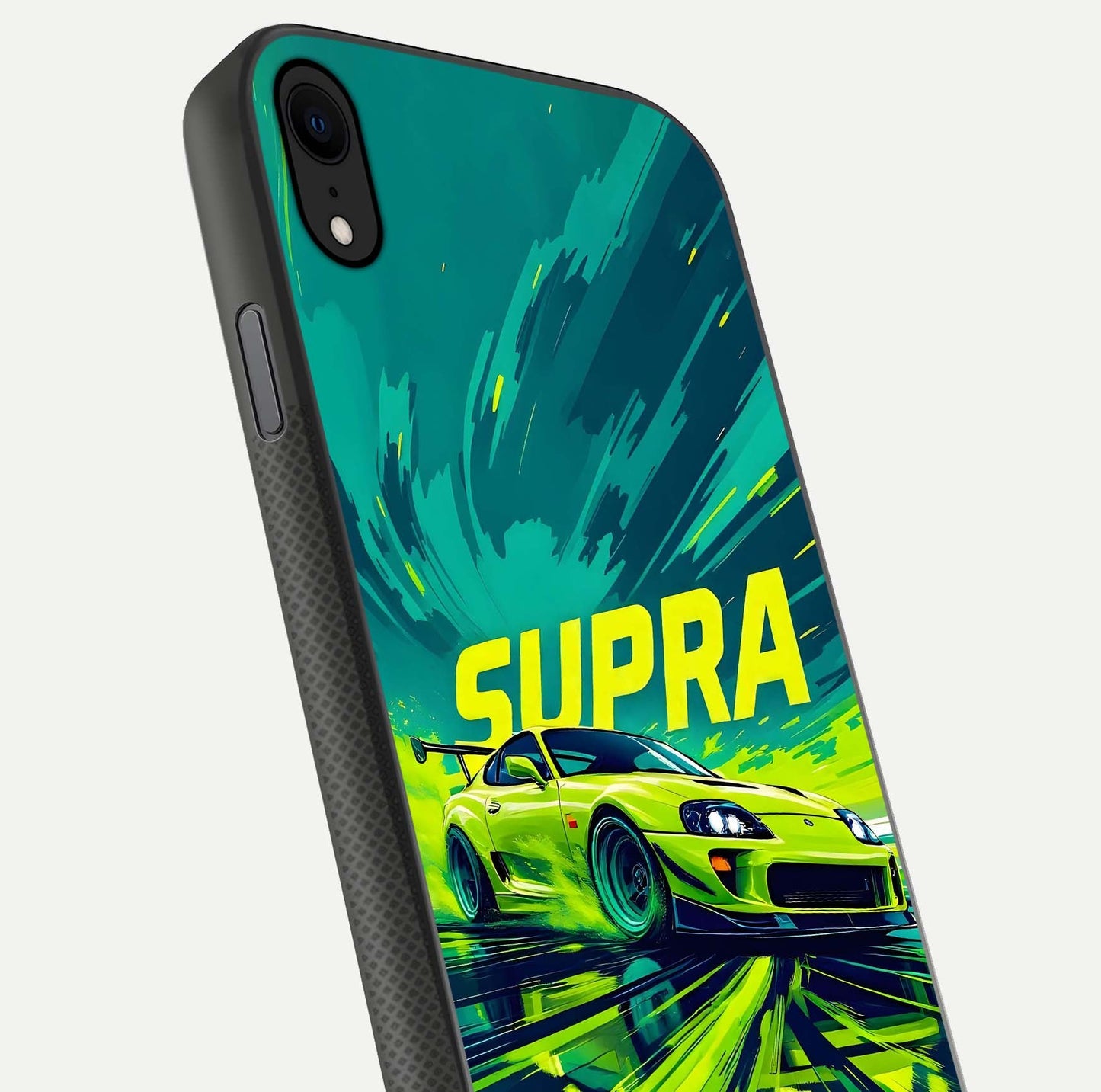 Electric Supra Thunder Glass Case for iPhone X close-up highlighting car reflection, neon tones, and gloss polish