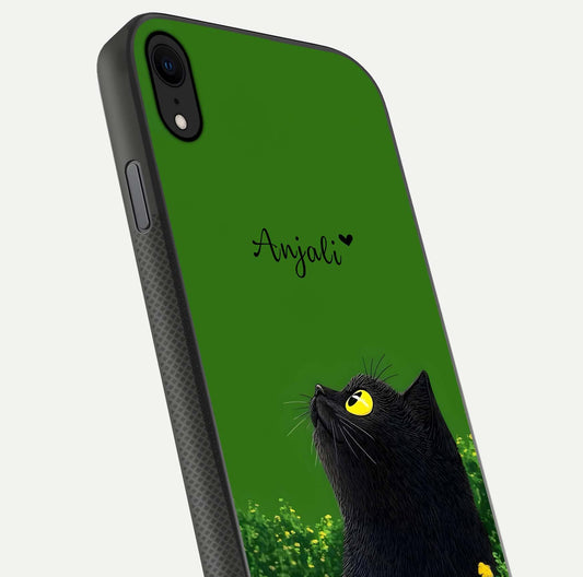 Emerald Cat Custom Name Glass Case for iPhone X close-up highlighting feline detail, emerald hues, and reflection polish