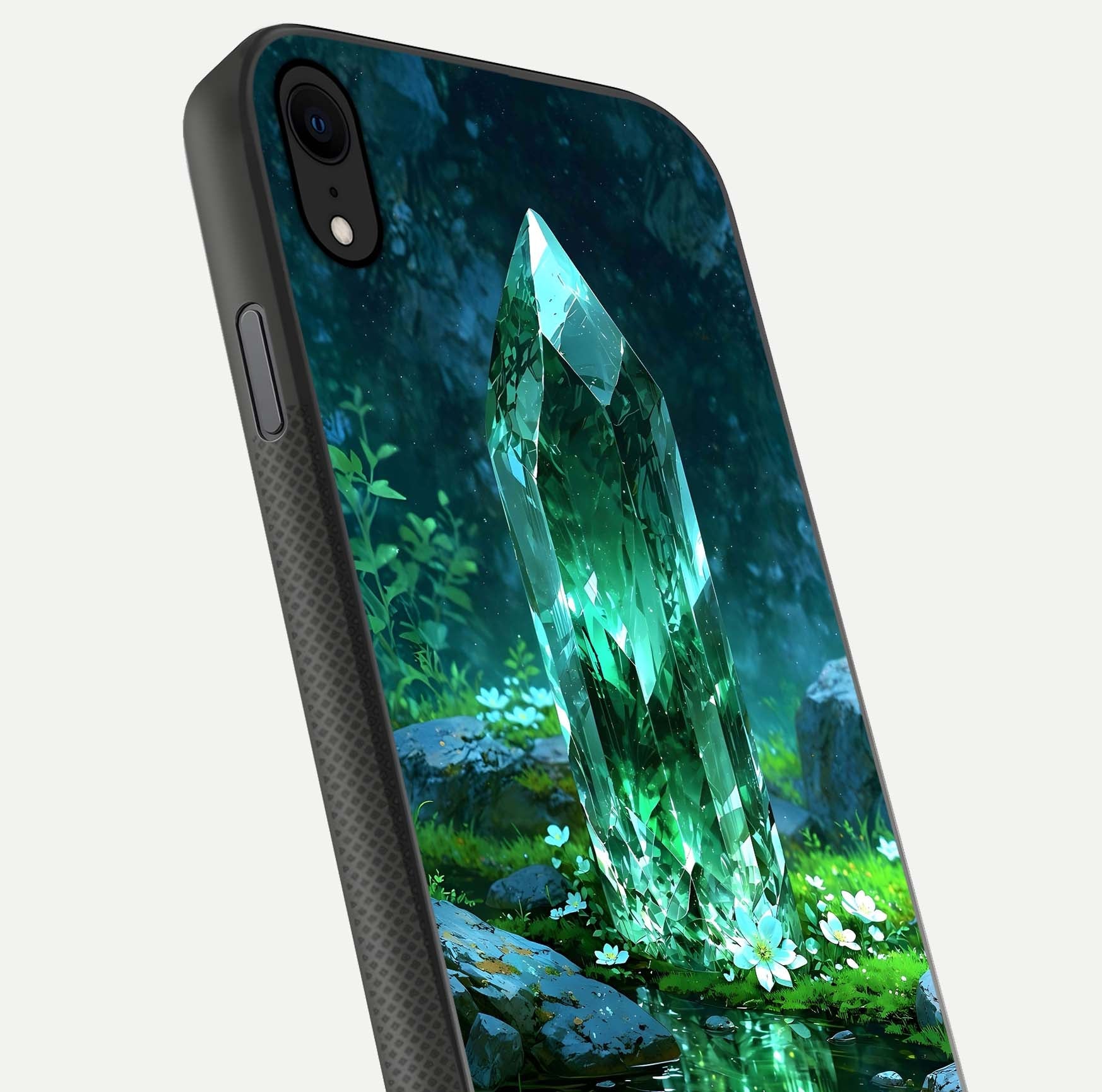 Emerald Light Crystal Glass Case for iPhone X close-up highlighting crystal texture and reflection glow