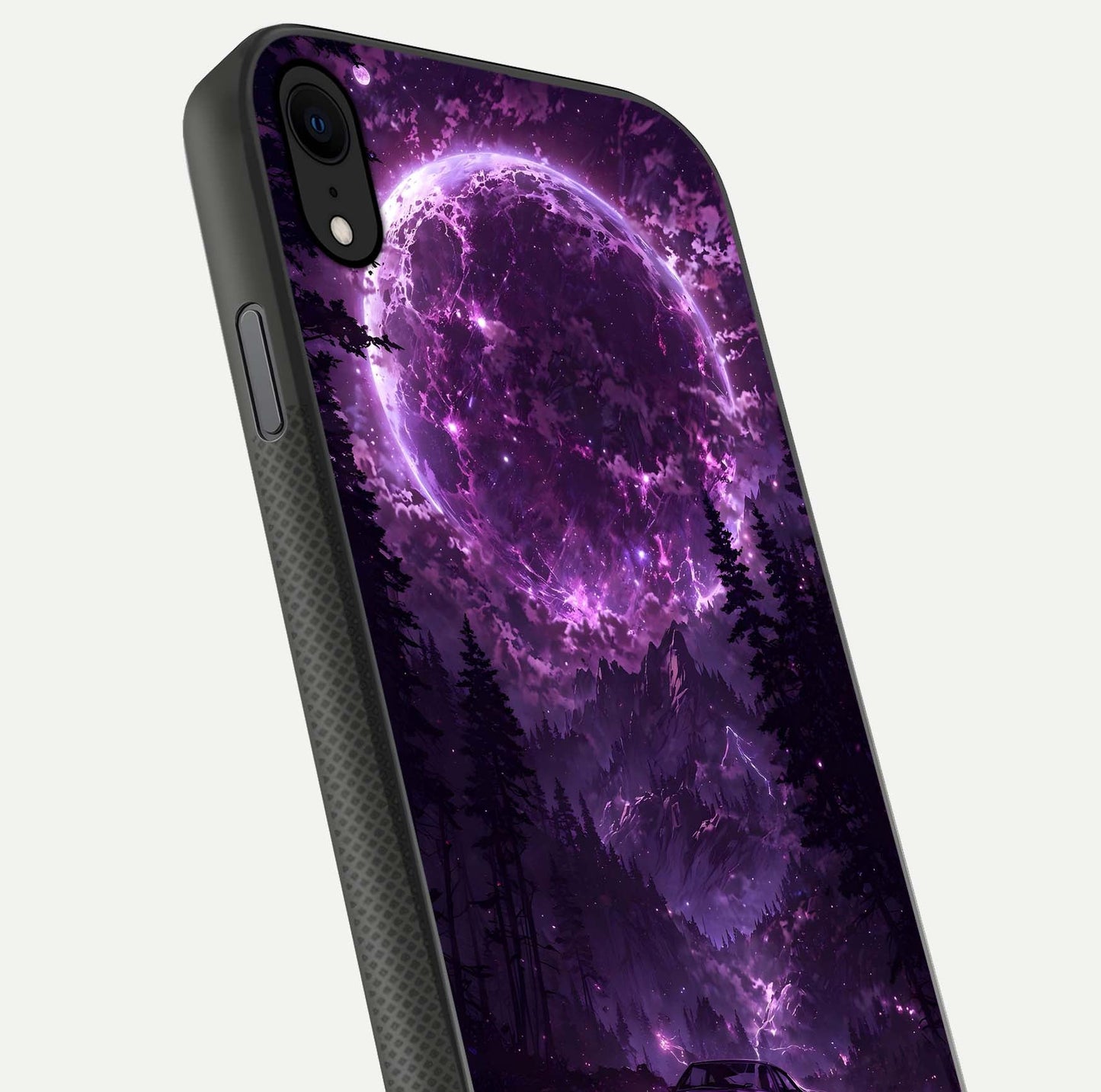 Eternal Cosmic Drive Glass Case for iPhone X close-up highlighting cosmic lights and reflection depth