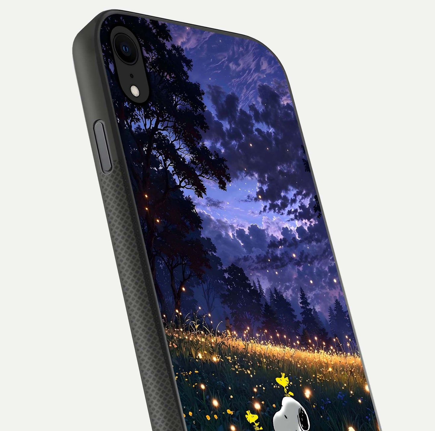 Firefly Meadow Magic Glass Case for iPhone X close-up highlighting luminous firefly light and reflection detail