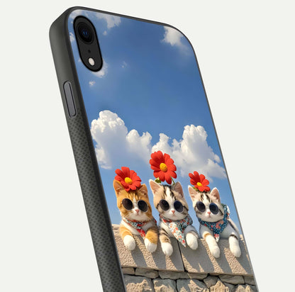 Floral Kitty Squad Glass Case for iPhone X close-up highlighting cat detail and flower patterns with HD shine