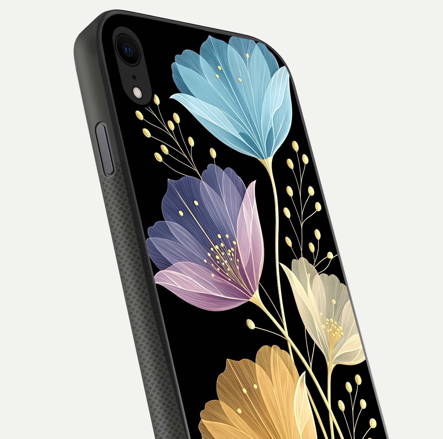 Flower Bloom Glow Glass Case for iPhone X close-up highlighting bloom detail and reflection polish