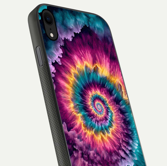 Galactic Spiral Burst Glass Case for iPhone X close-up angled shot showing spiral burst detail, neon tones, and glossy reflection
