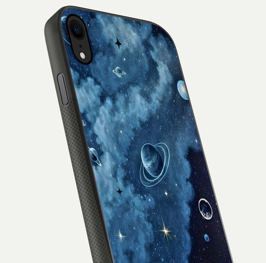 Galaxy Dream Space Glass Case for iPhone X close-up angled shot highlighting nebula details and reflection shine