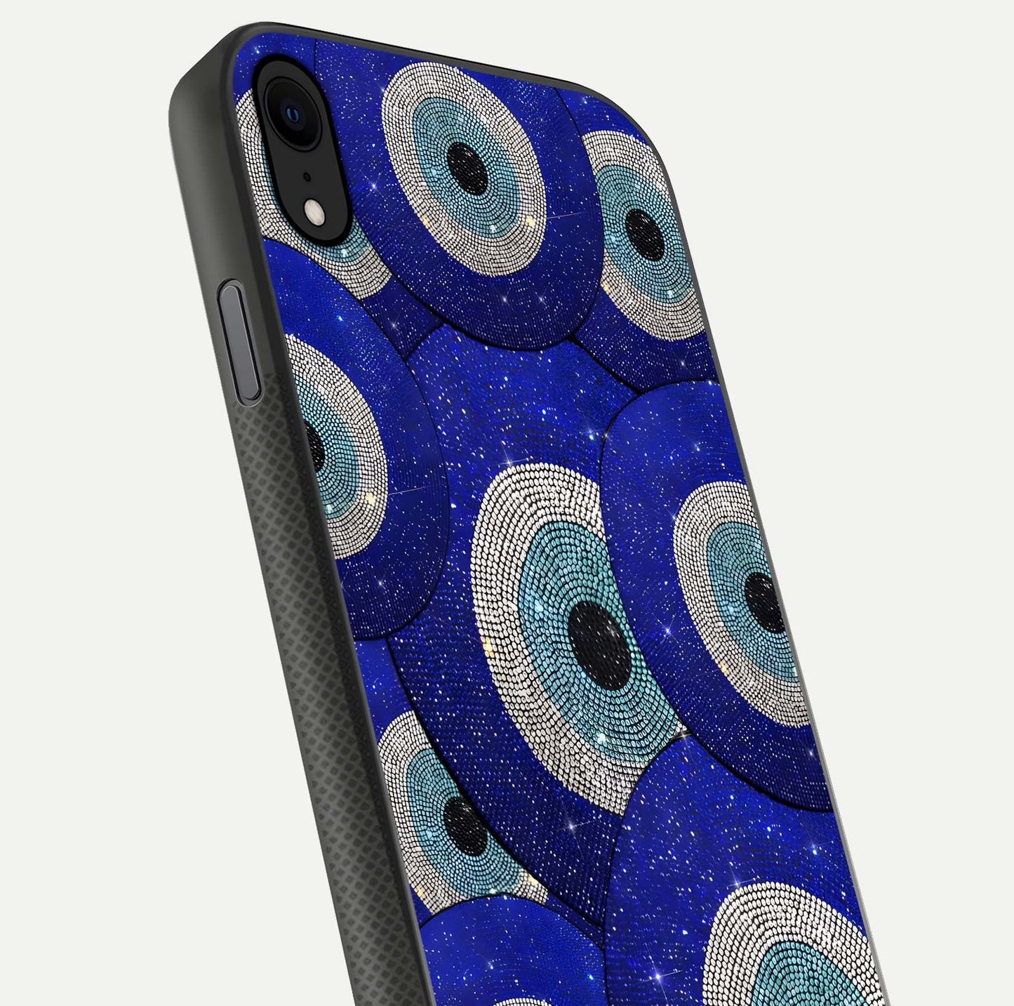 Galaxy Eye Flow Glass Case for iPhone X close-up angled shot showing vivid swirl detail and reflection brightness
