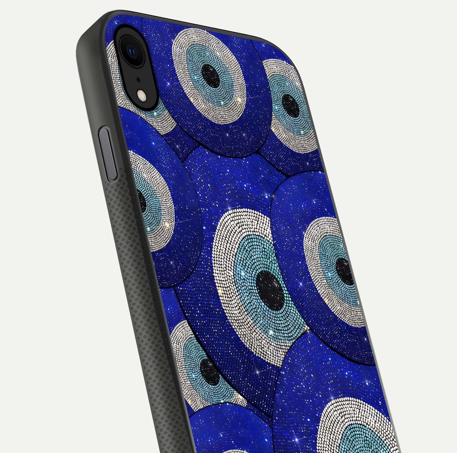 Galaxy Eye Flow Glass Case for iPhone X close-up angled shot showing vivid swirl detail and reflection brightness