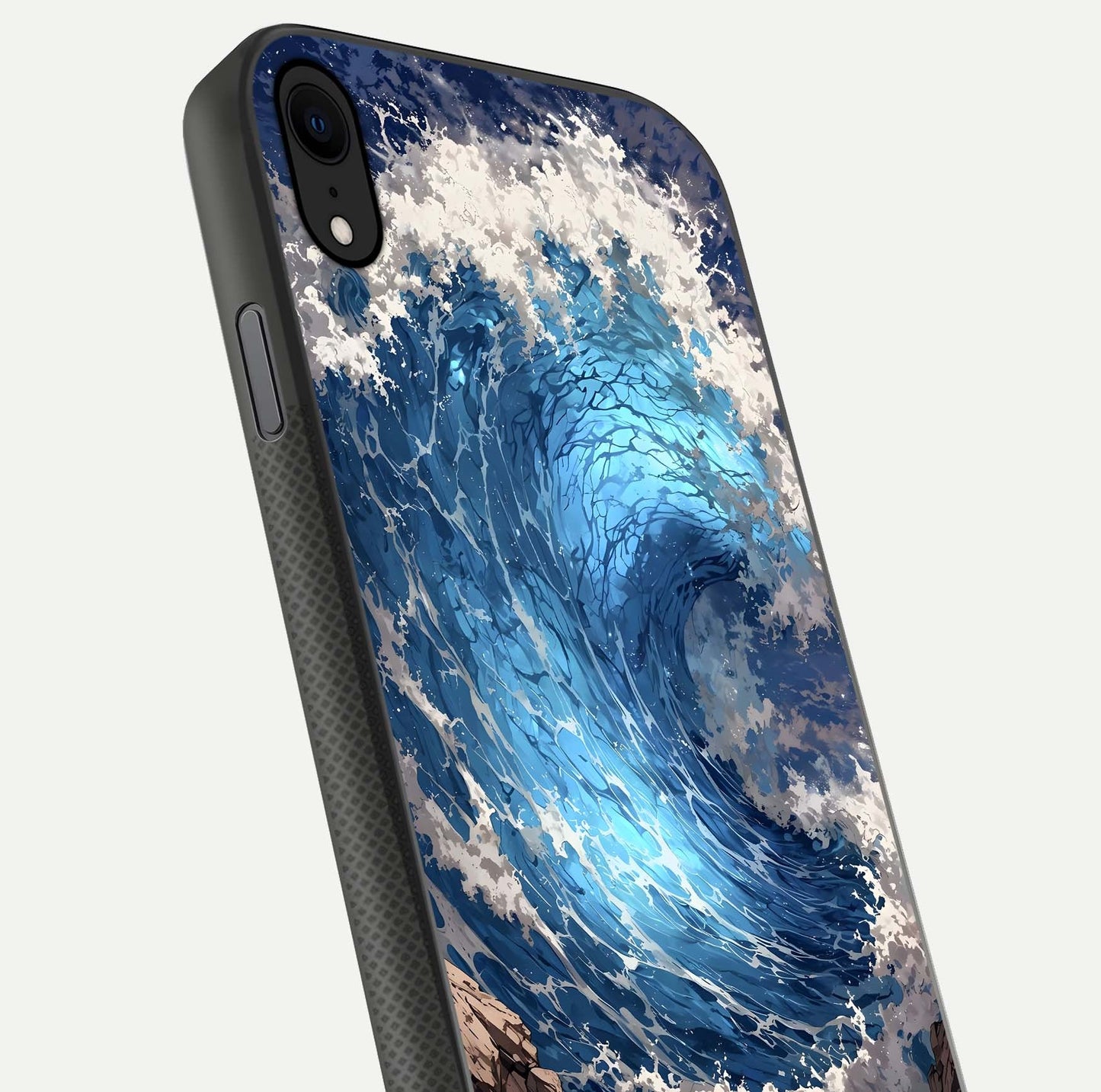 Giant Ocean Wave Glass Case for iPhone X close-up angled shot showing wave texture and water reflection shine