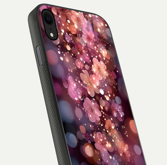 Glowing Petal Bliss Glass Case for iPhone X close-up angled shot showing petal glow, color depth, and reflection shine