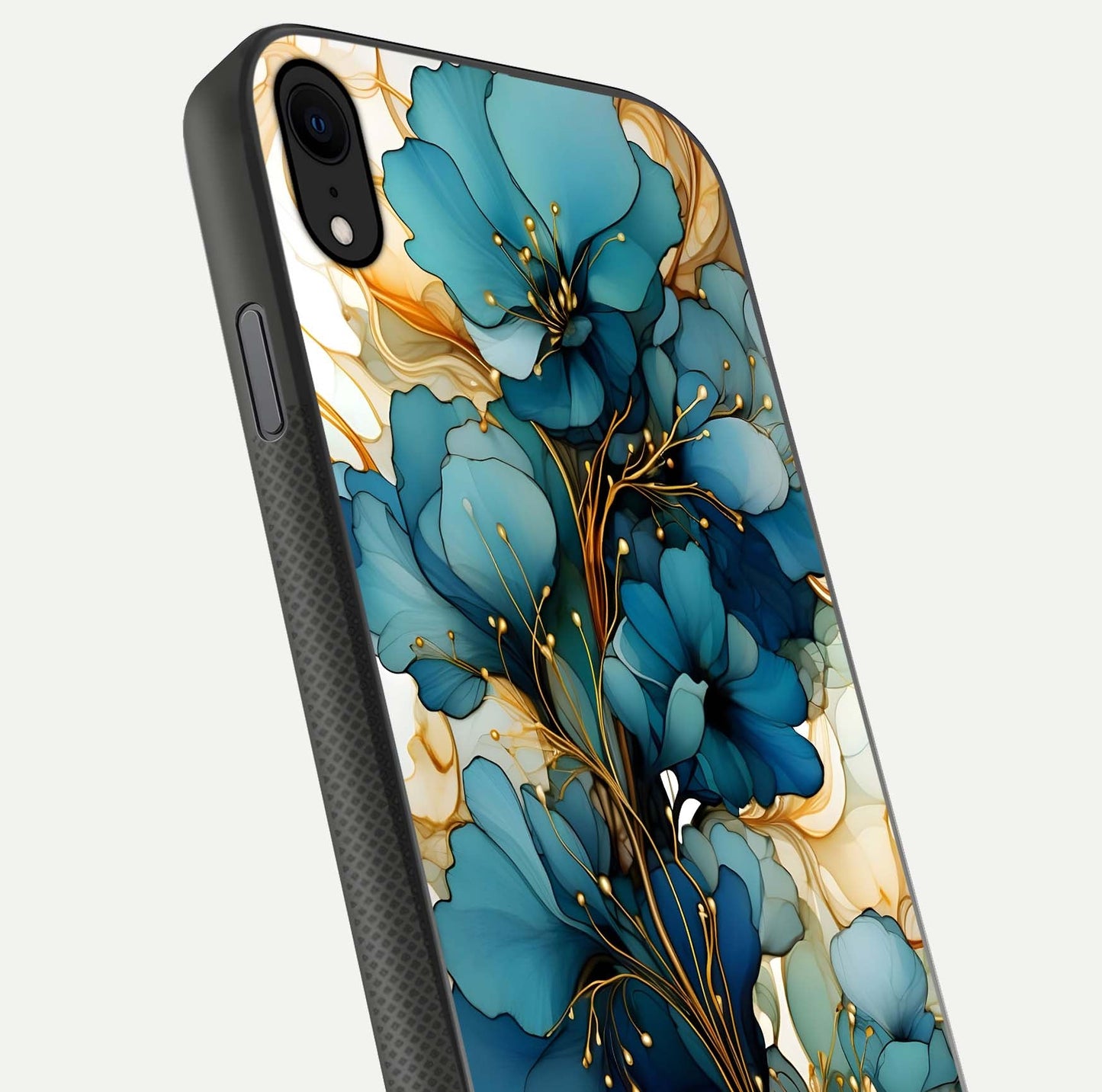 Golden Bloom Symphony Glass Case for iPhone X close-up angled shot showing detailed petals and metallic gold reflection