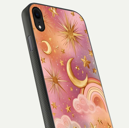 Golden Celestial Dreams Glass Case for iPhone X close-up angled shot showing cosmic gold tones and reflection shine