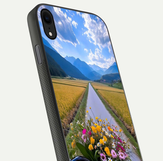 Golden Field Journey Glass Case for iPhone X close-up angled shot showing sunlight tones and reflection clarity