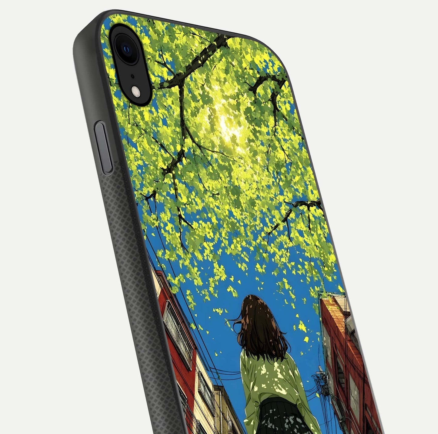Golden Leaves Glow Glass Case for iPhone X close-up angled shot showing fine leaf texture and reflection shine