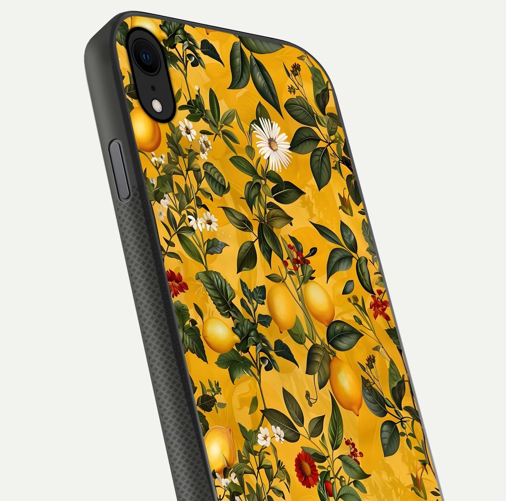 Golden Lemon Field Glass Case for iPhone X close-up angled shot showing citrus texture and reflection brilliance