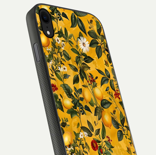 Golden Lemon Field Glass Case for iPhone X close-up angled shot showing citrus texture and reflection brilliance