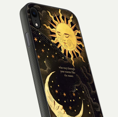 Golden Lunar Love Glass Case for iPhone X close-up angled shot showing moon glow, texture, and reflection polish