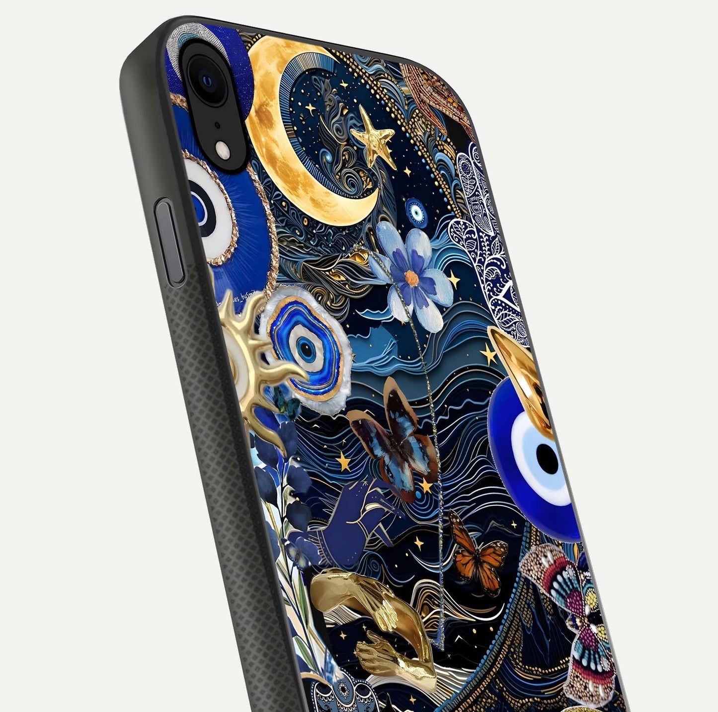 Golden Moon Magic Glass Case for iPhone X close-up angled shot showing lunar glow, star detail, and reflection brightness