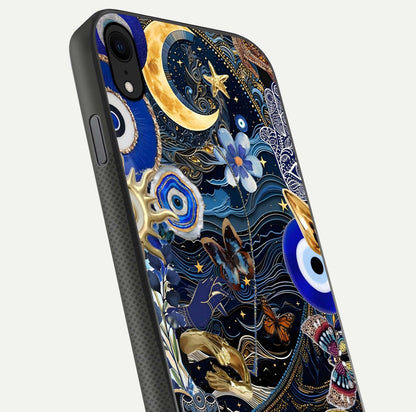 Golden Moon Magic Glass Case for iPhone X close-up angled shot showing lunar glow, star detail, and reflection brightness