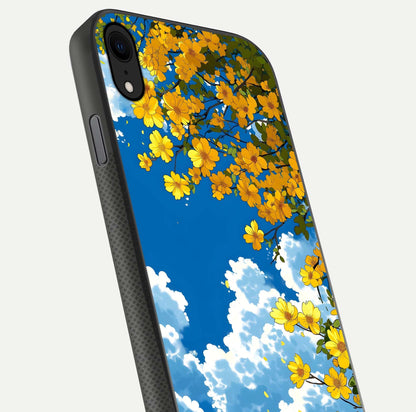 Golden Petal Sky Glass Case for iPhone X close-up angled shot showing petal texture and shine reflection