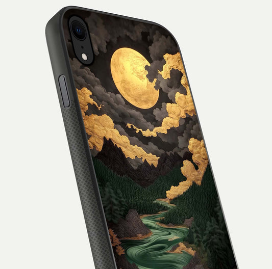 Golden River Moon Glass Case for iPhone X close-up angled shot showing moon reflection and water shine