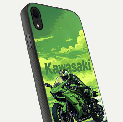 Green Kawasaki Glass Case for iPhone X close-up angled shot showing sporty line details and reflection shine