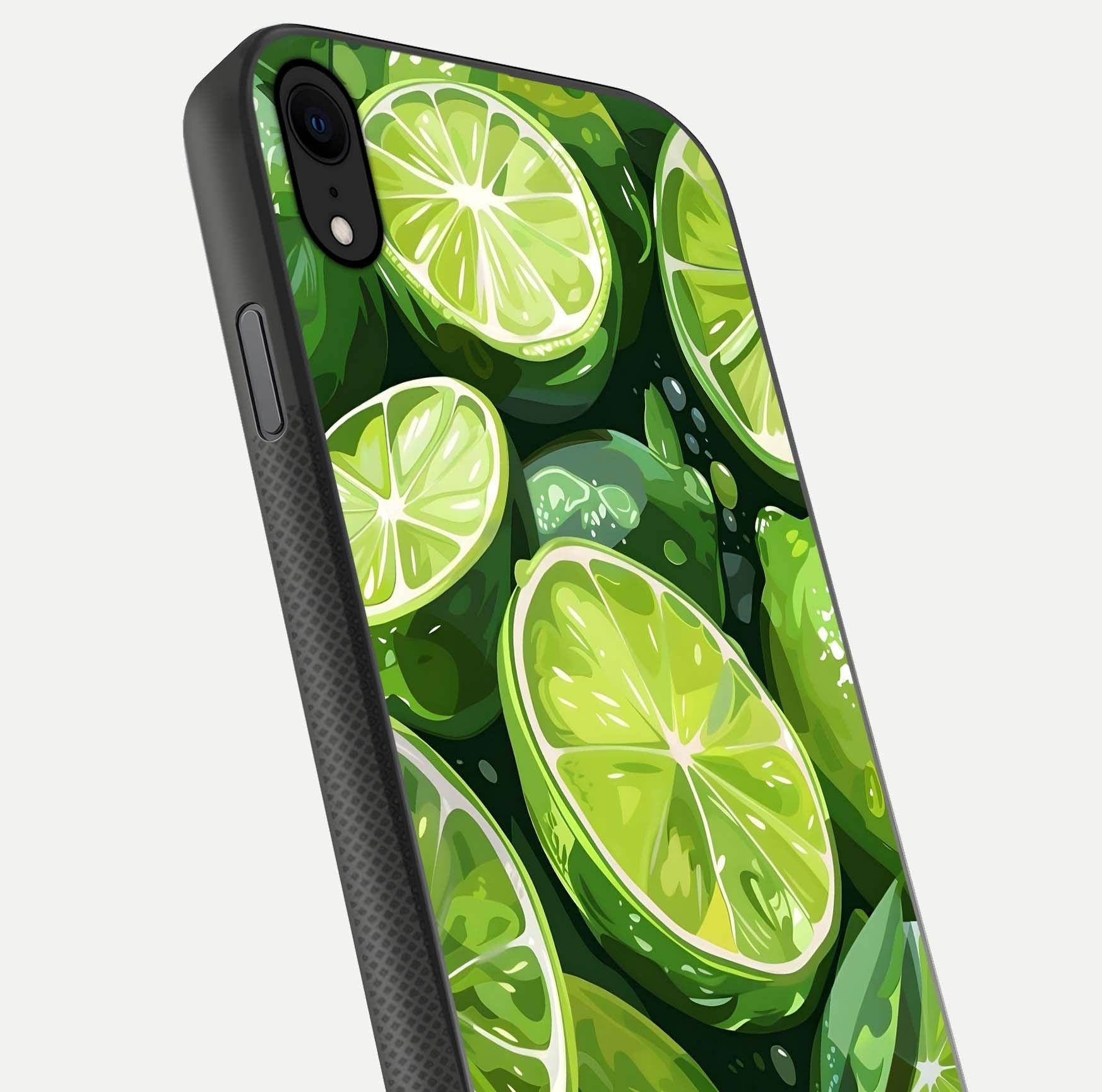 Green Lemon Glass Case for iPhone X close-up angled shot showing lemon slice texture and reflection brightness