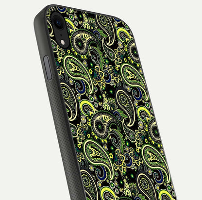 Green Mandala Pattern Glass Case for iPhone X close-up angled shot showing fine detailing and gold-green reflection