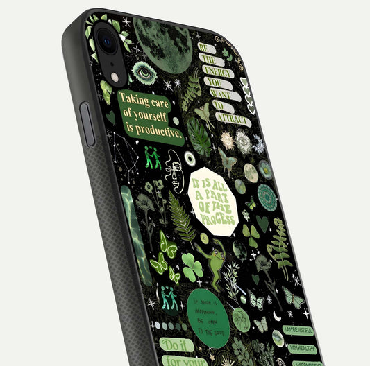 Green Moon Energy Glass Case for iPhone X close-up angled shot showing glowing lunar detail and reflection shine