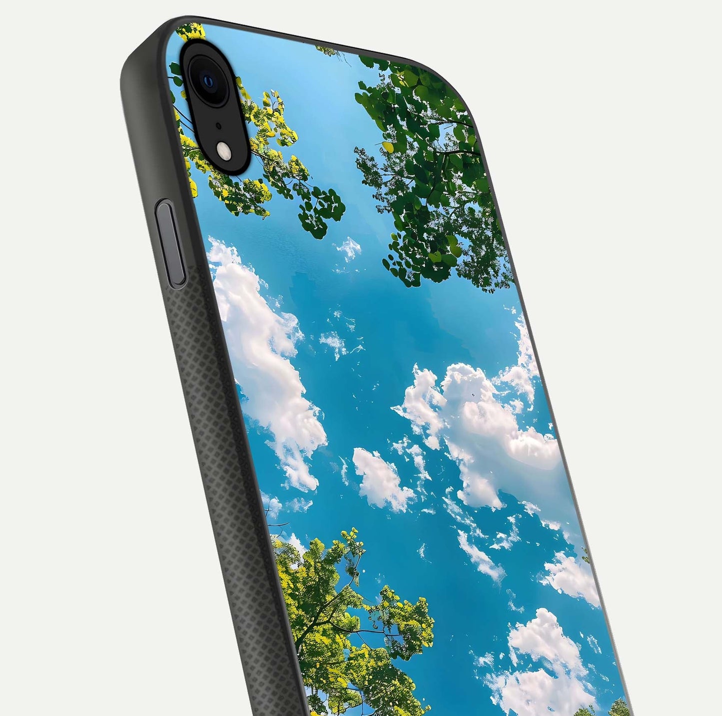 Greenery Sky Glass Case for iPhone X close-up angled shot showing leafy tones and reflection brightness