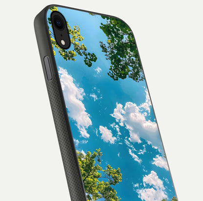 Greenery Sky Glass Case for iPhone X close-up angled shot showing leafy tones and reflection brightness