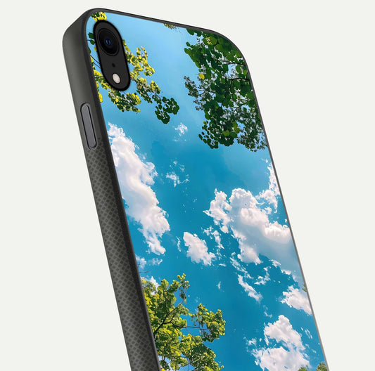 Greenery Sky Glass Case for iPhone X close-up angled shot showing leafy tones and reflection brightness