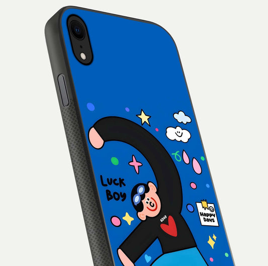 Happy Luck Vibe Glass Case for iPhone X close-up angled shot showing color details and reflection shine