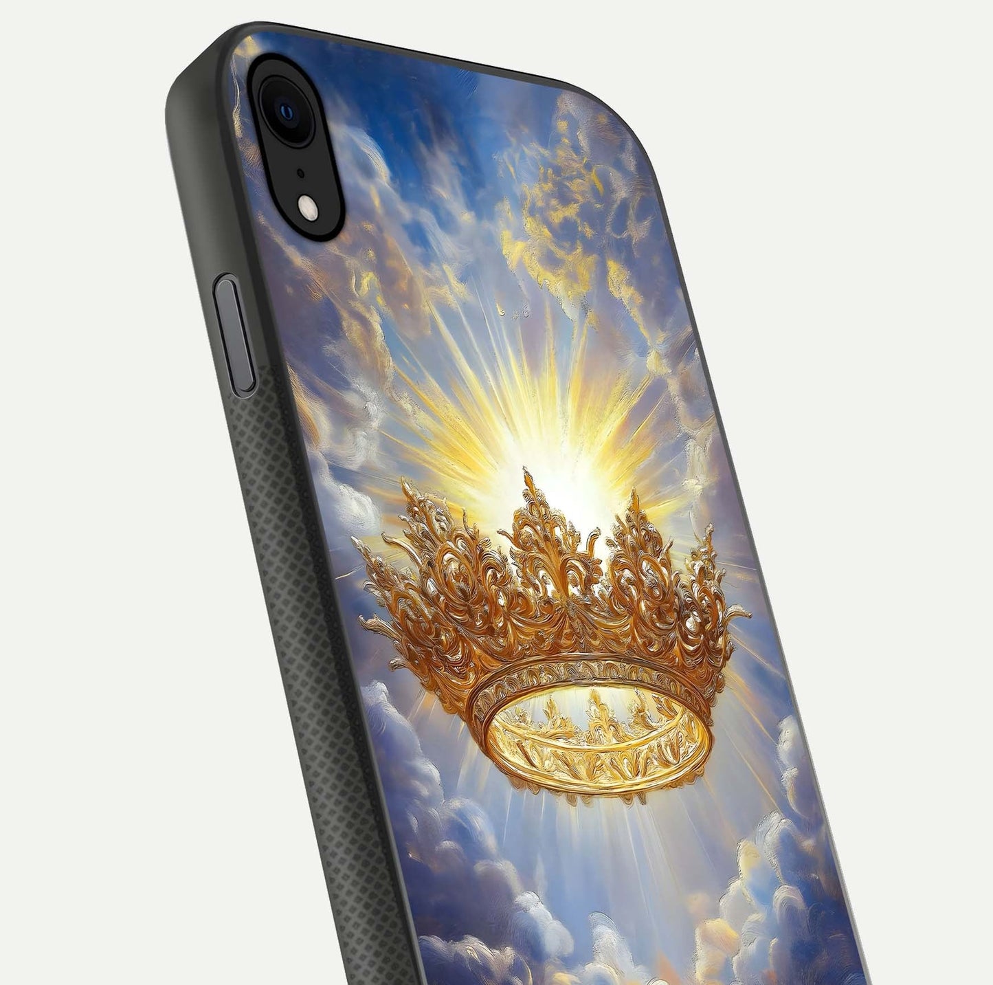 Heavenly Crown Light Glass Case for iPhone X close-up angled shot showing glowing halo details and smooth reflection
