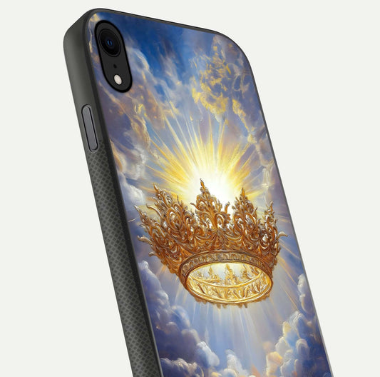 Heavenly Crown Light Glass Case for iPhone X close-up angled shot showing glowing halo details and smooth reflection